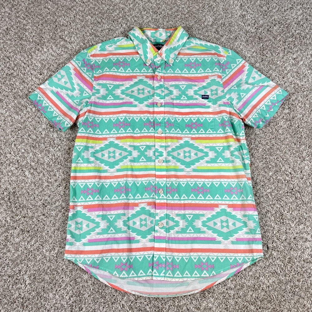Chubbies Shirt Mens M Short Sleeve Button Up Aztec Tribal Print Mint Coral